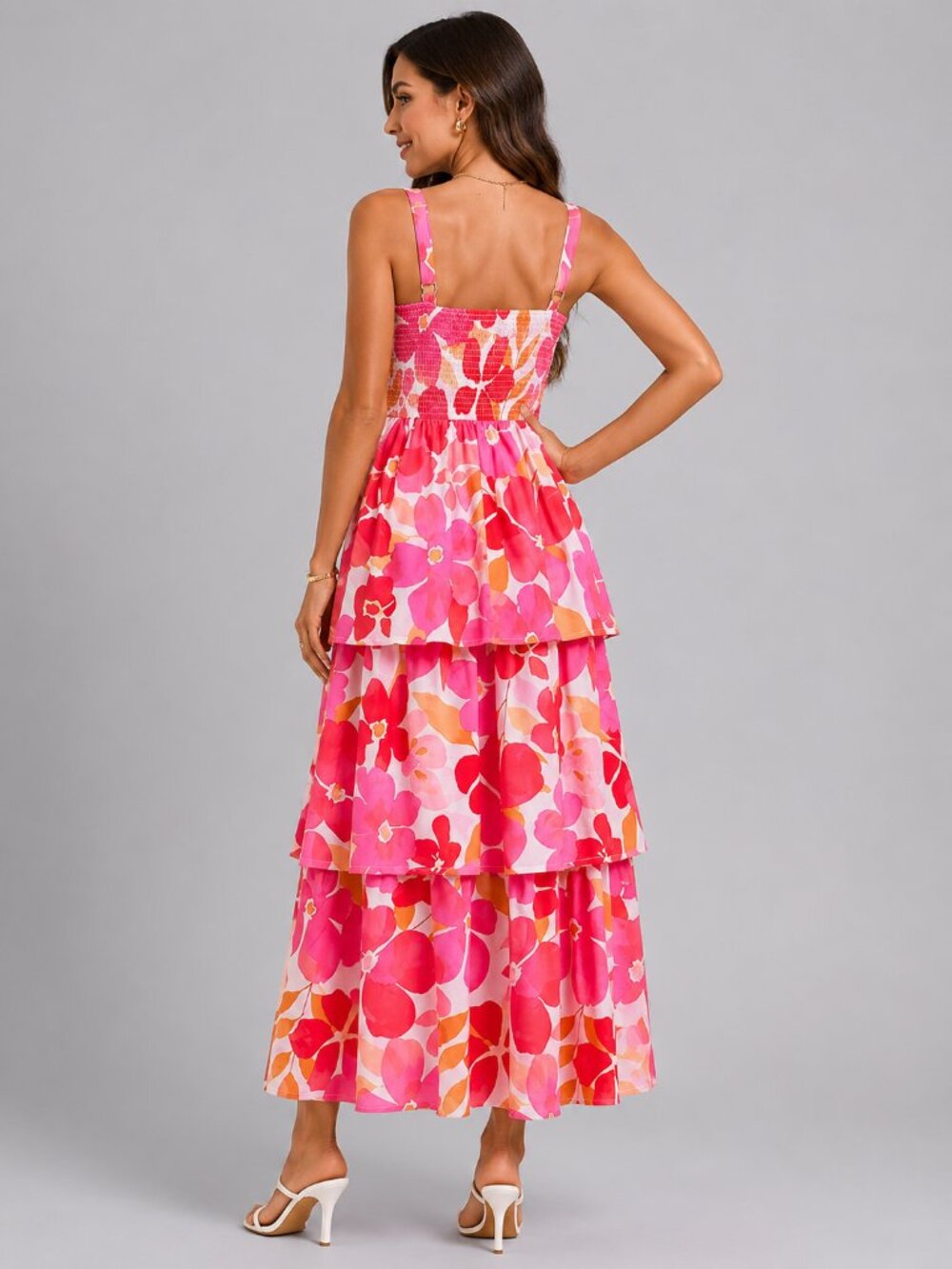 Women’s Floral Maxi Dress Pink Tiered Wedding Guest Sundress Cotton Blend - Picture 2 of 3